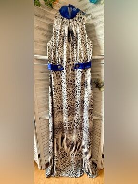 Gizia Silk Maxi Dress 38 Animal Print Blue Trim Keyhole Pleated NWT Wedding